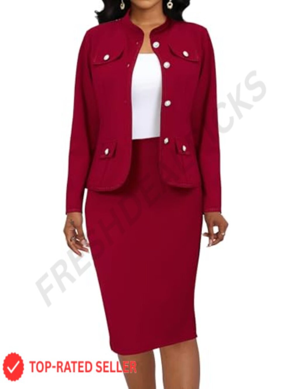 Red 2 Piece Skirt Suit Set Women Office Blazer Pencil Skirt Business Formal